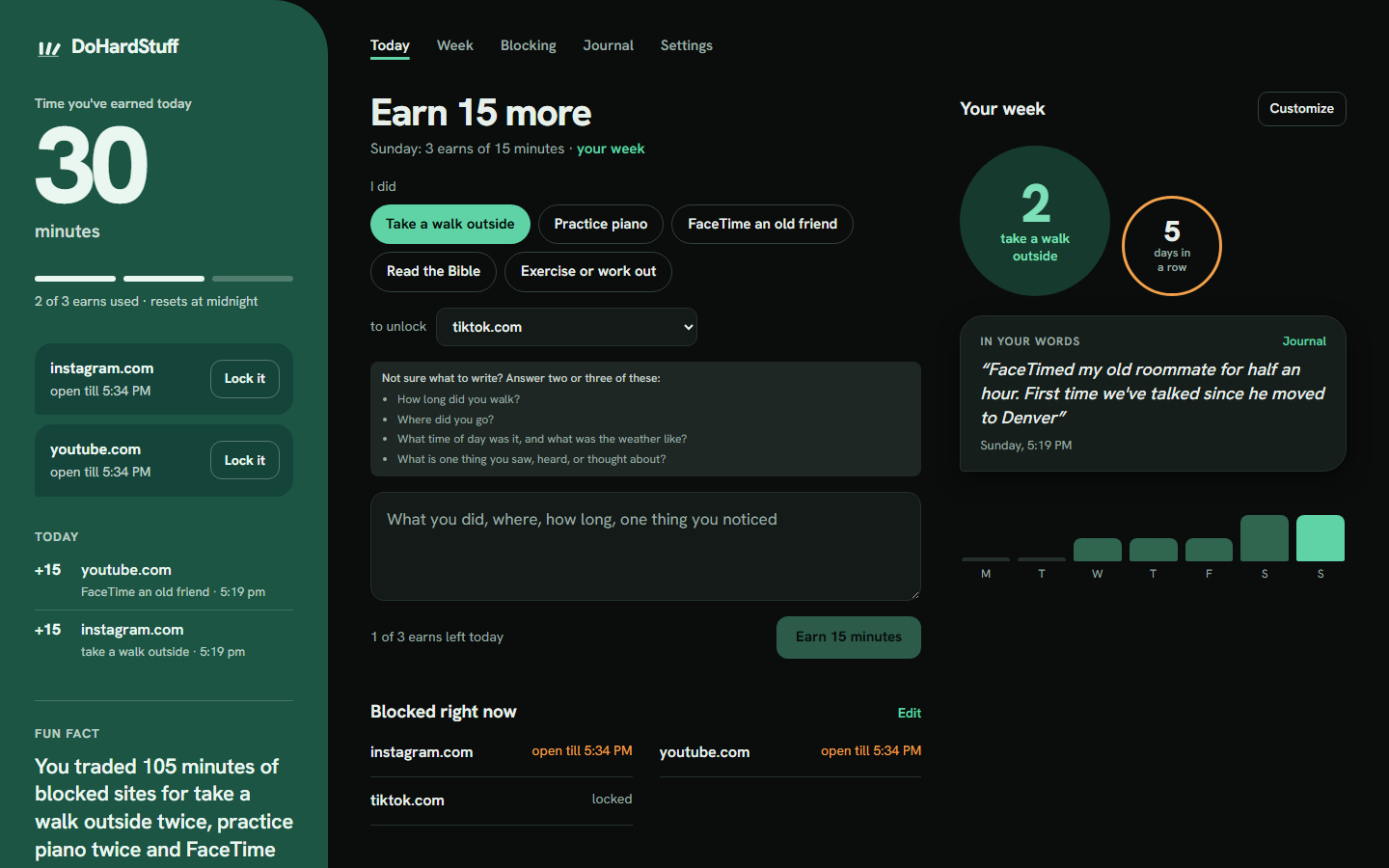 The Today page: time earned, what's open, the earn form, and widgets for the week